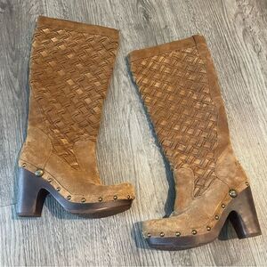 UGG Arroyo Woven Tan Suede Leather Heeled Tall Boots Boho